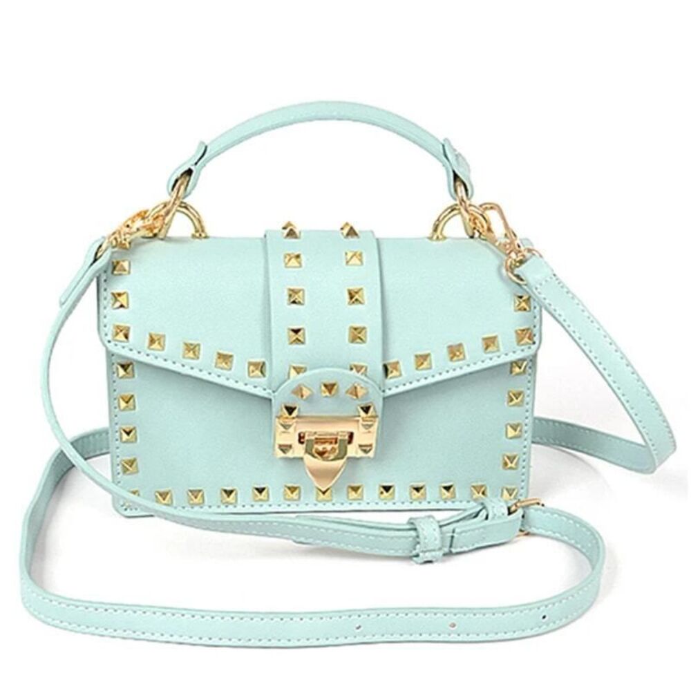 handbag mini mint green cross over bag with gold detailed studs Barbie baddie